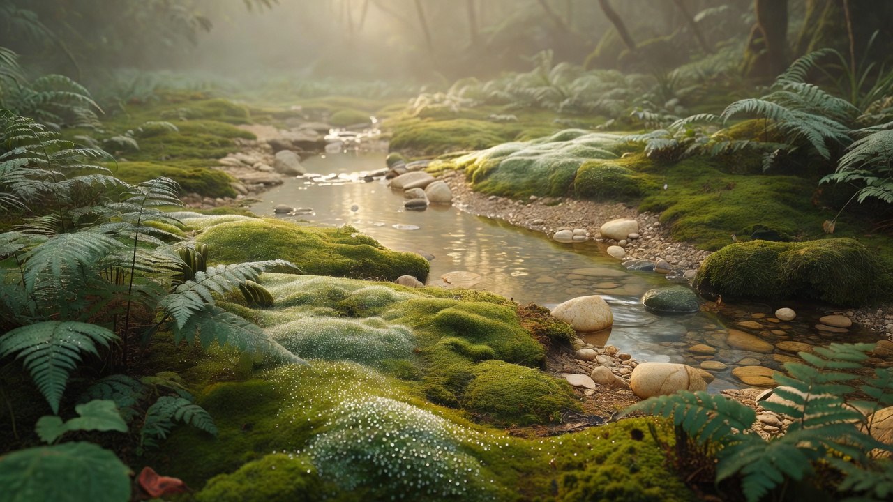 朝露に濡れる苔とシダ - Morning dew on moss and ferns