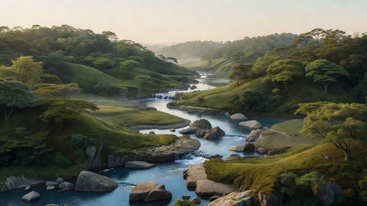 森の丘陵と渓流のパノラマ - Panoramic view of forested hills and streams