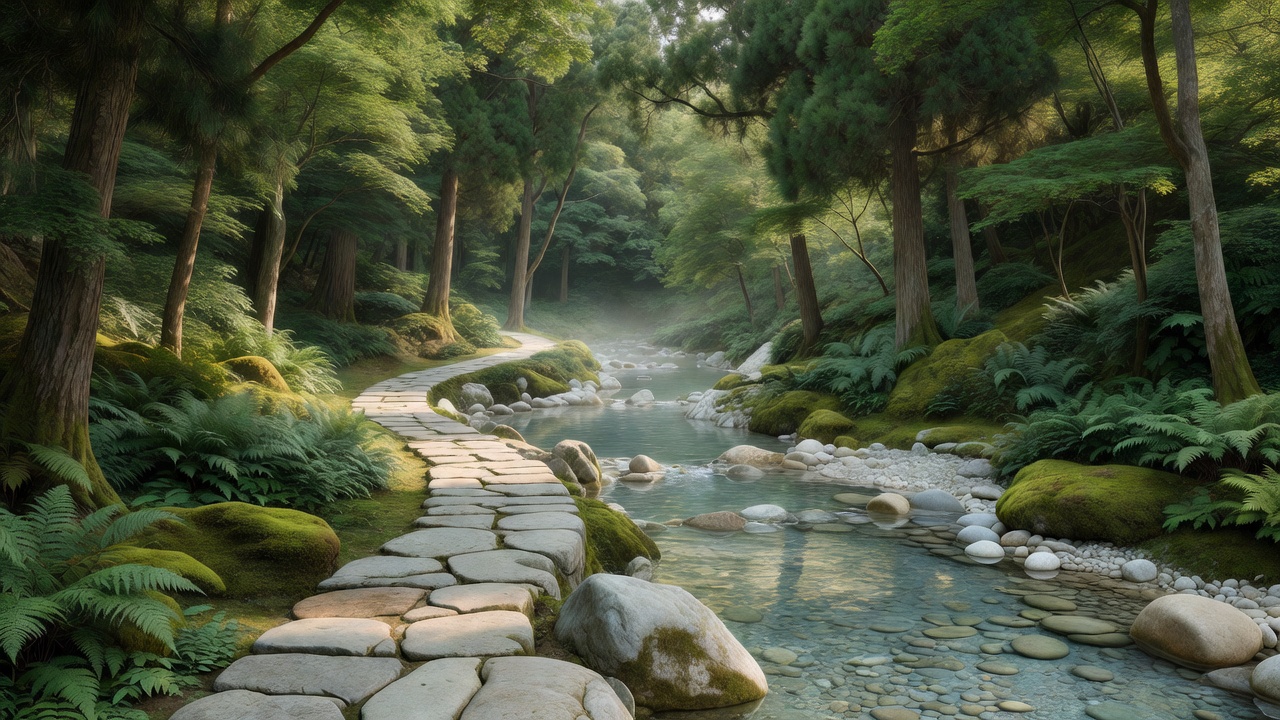 渓流沿いの石畳の小径 - Stone path through riverside woodland