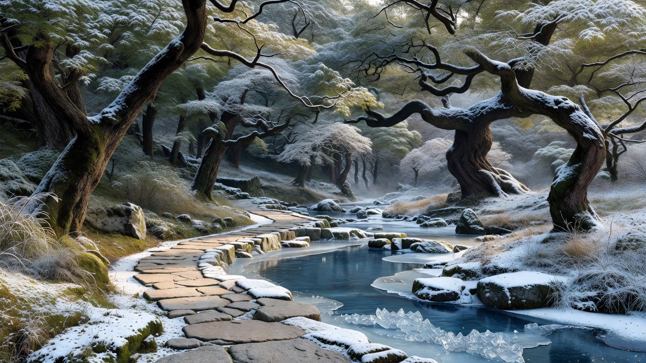 雪に覆われた冬の森の小径 - Snow-covered winter woodland path