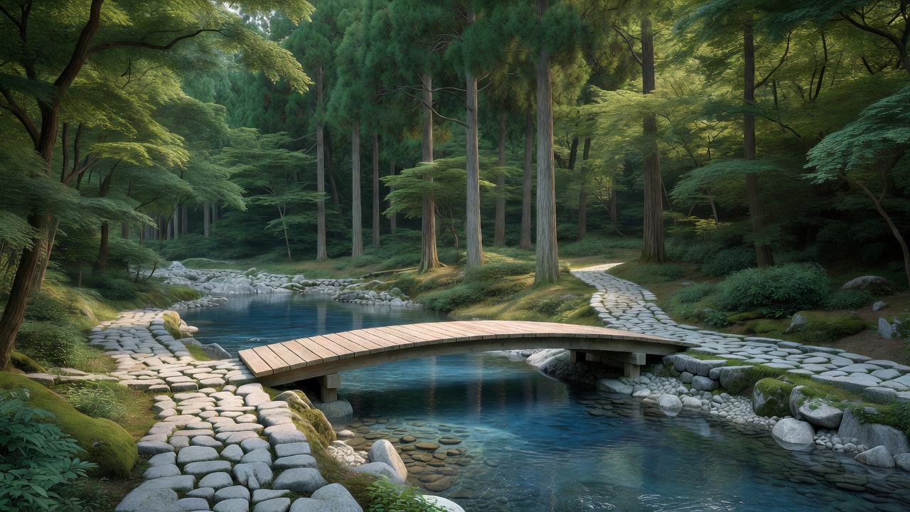 森の渓流にかかる木の橋 - Wooden bridge over a forest brook